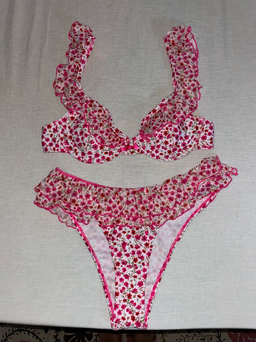 SHEIN White Pink Floral Ruffle Bikini Set